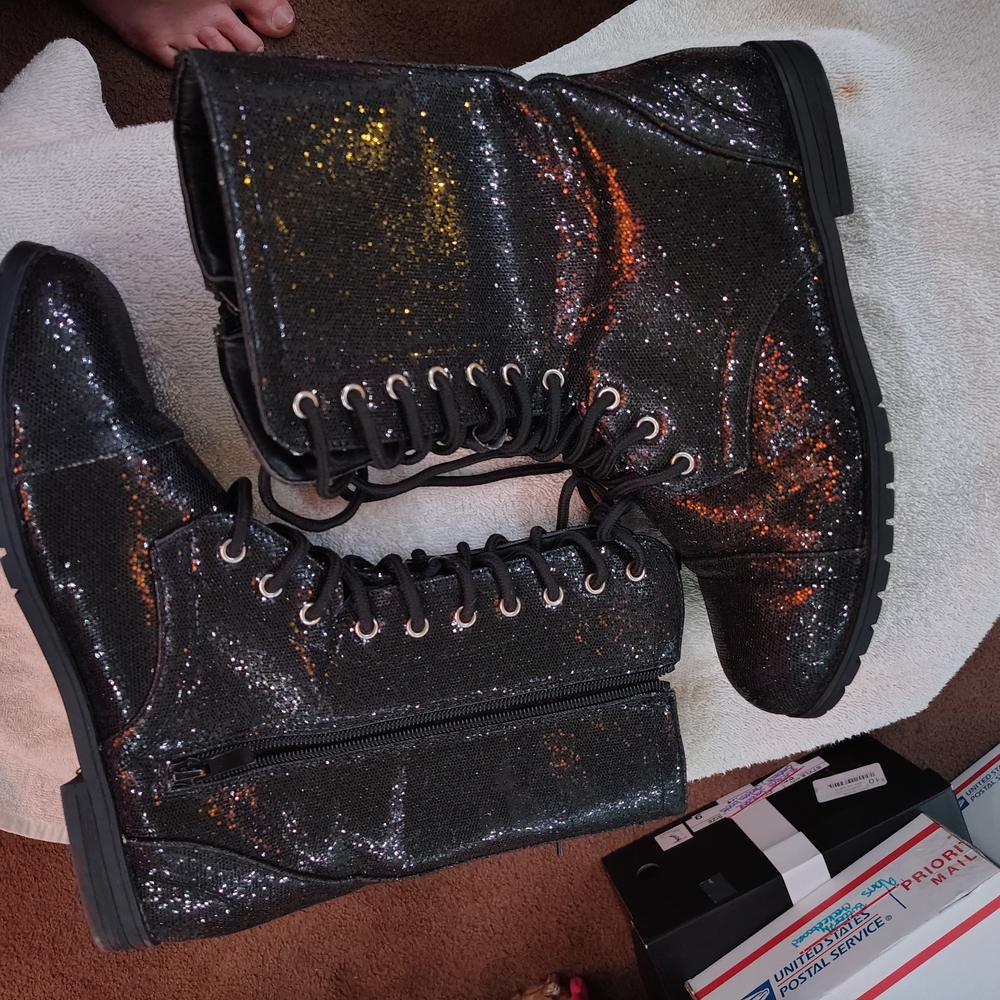 Weissman Black Lace-Up Boots with Glitter Finish